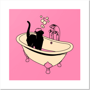 Spa Day Black Cat in pink Posters and Art